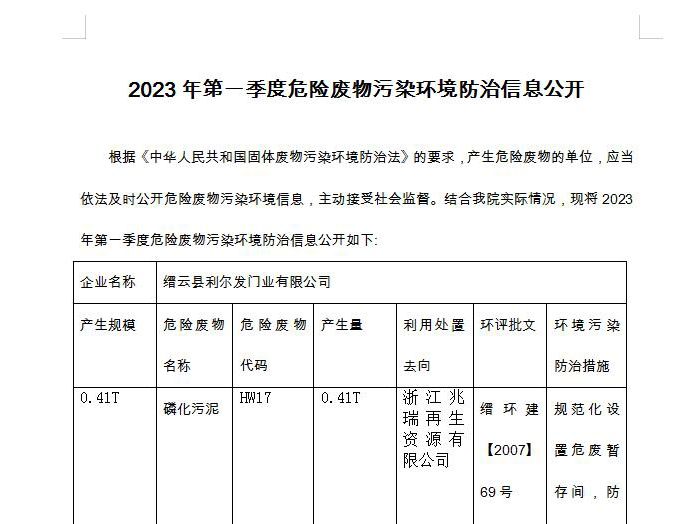 2023年第一季度危险废物污染环境防治信息公开
